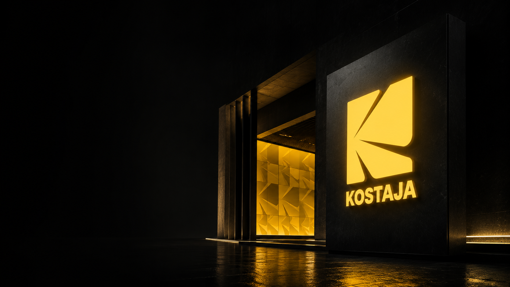 Cinematic black and yellow Kostaja brand entrance with illuminated logo signage.